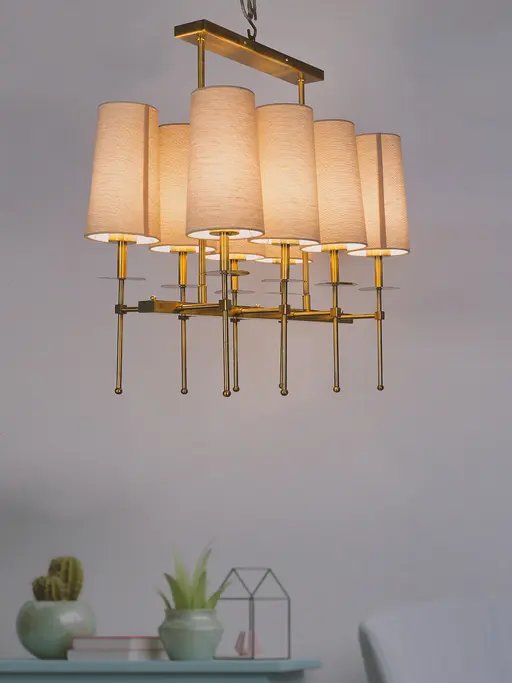 Savoy Long Arm Antique Gold Rectangle 8 Light Chandelier with Beige Fabric Shades.
