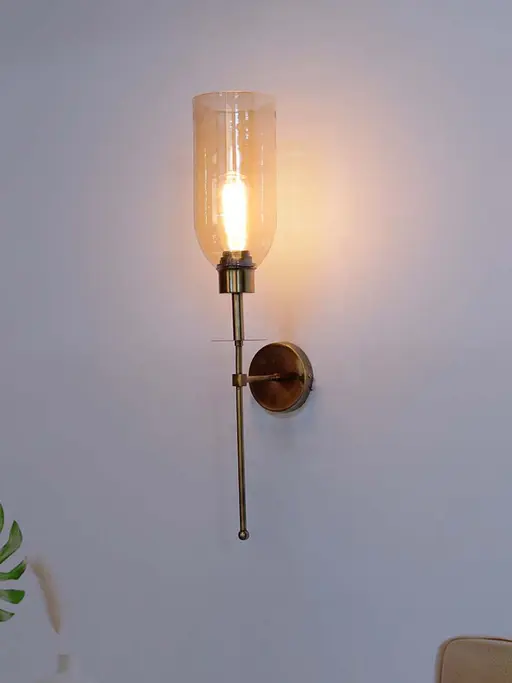 Modern Long Arm Antique Gold Wall Light with Translucent Glass Shade