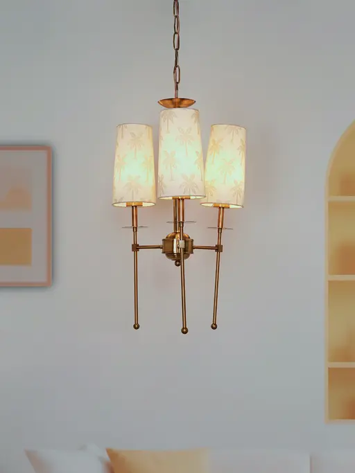 16-Inch Antique Brass 3-Light Compact Chandelier | Tropical Palm Fabric Shades