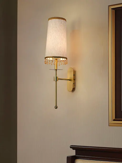Antique Brass Long Arm Wall Sconce with Beaded Tassel Shade