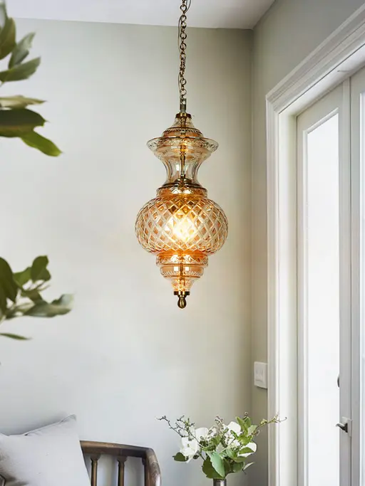 Sun-Kissed Diamonds Dance: Hand-Cut Golden Luster Glass Pendant Light - Moroccan Magic