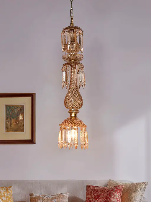 Golden Luster Molded Glass Hanging Light with Crystal Drops 30 inches small