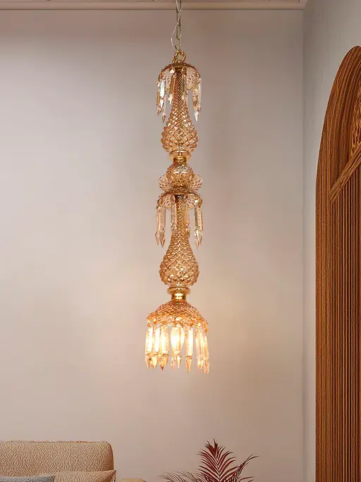 Traditional Golden Luster Molded Glass Pendant Light with Hand-Cut Crystals, 38-Inch Length
