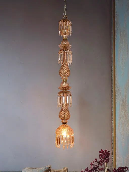 Traditional Golden Luster Glass Pendant Light with Hand-Cut Crystals, 50-Inch Length