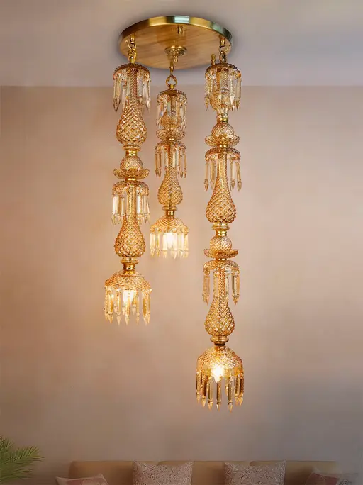 Traditional Golden Luster Glass 3-Light Multi-Pendant Chandelier with Hand-Cut Crystals, Cascading Lengths