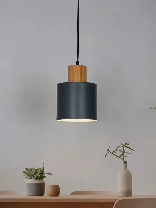 Modern Scandinavian Pendant - Graphite Grey Metal & Warm Beech Wood