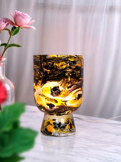 Black & Yellow Brilliance: Mini U-Shaped Glass Table Lamp with Striking Marble Pattern