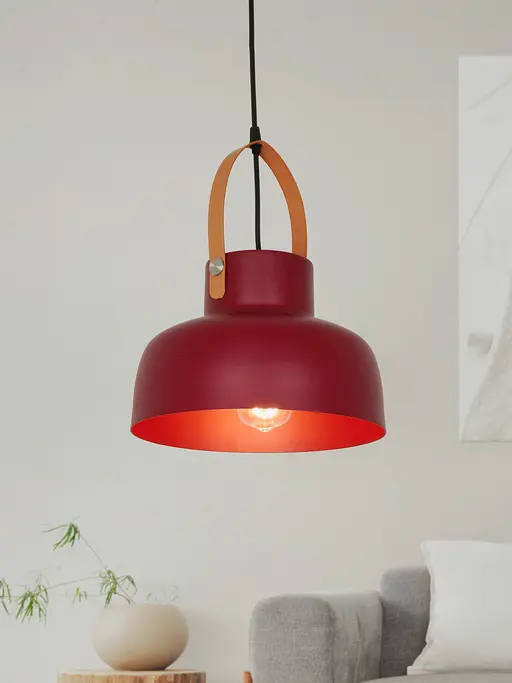 10-inch Maroon Modern Nordic Pendant Light with Mild Steel Frame and Beech Wood Finish Handle - for Home, Office, Cafes, and Restaurants