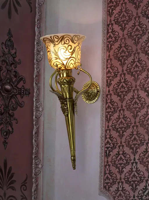 Traditional Gold Long 29 Inch Single Brass Torch Mashal Wall Lamp Light With Handpainted Bowl-Shaped Glass Shade