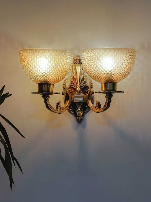 Traditional Meena Aluminium 2 Lights Bowl Shaped Wall Sconce In Antique Brass Finish & Golden Textured Glass Shade
