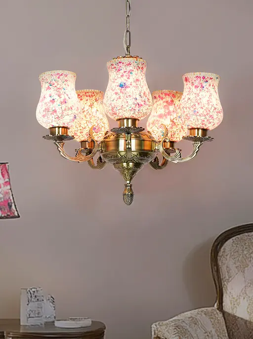 Antique Brass 5-Light Chandelier with Pink Mosaic Glass Shades