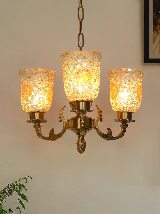 Traditional 3-Light Brass Chandelier | Antique Brass with Handmade Mosaic Glass Shapes