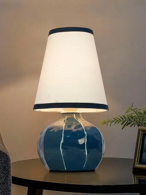 Contemporary Enamel Blue Melon-Shaped Table Lamp with Hand-Painted Lines