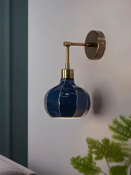Artisanal Blue Enamel Wall Sconce with Undulated Melon Shade & Antique Brass Arm