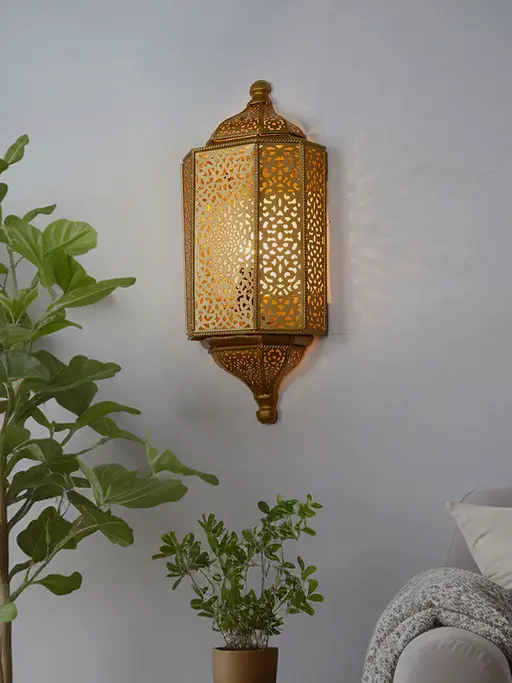 Enchanted Shadows: Antique Golden Jali Wall Lamp - Moroccan Light & Mystery