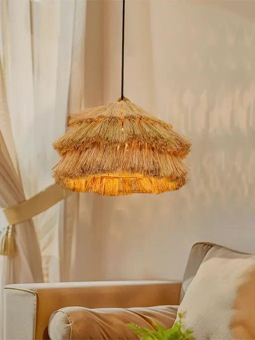 Bohemian Glow: Fringed Munja Hay 14 inch Pendant Light Adds Rustic Charm & Modern Flair