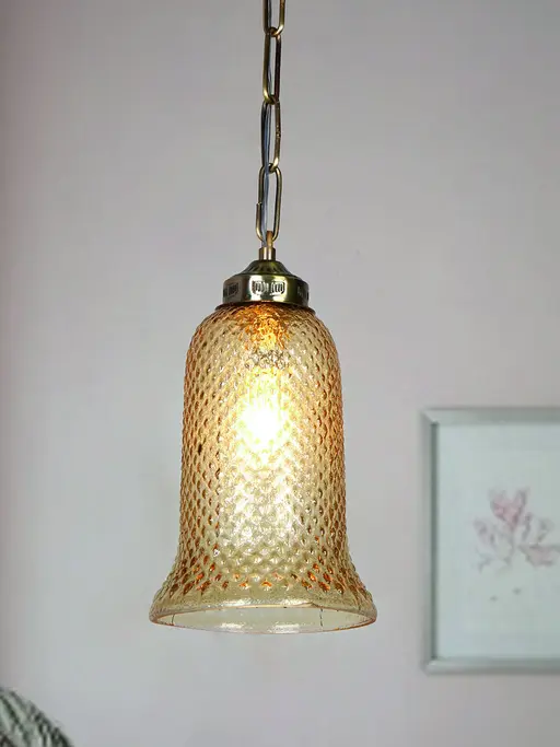 Antique 6 Inch Wide Golden Textured Bell Glass Single-Light Aluminium Ceiling jhumar Pendant Hanging Light