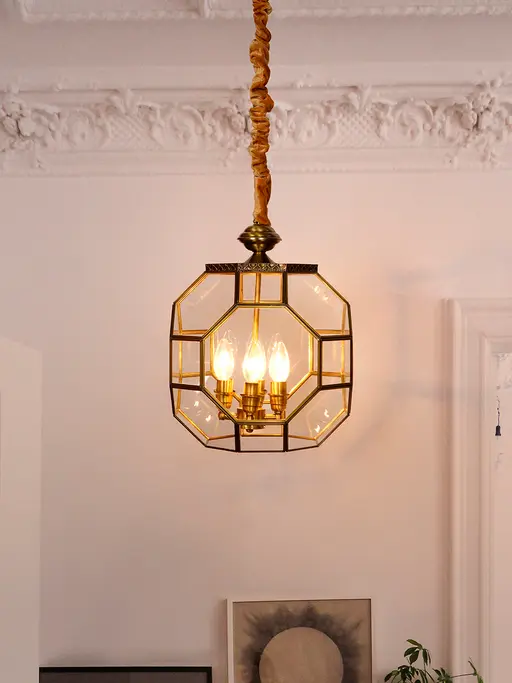 Antique Brass Octagonal Glass 4 Light Pendant Light