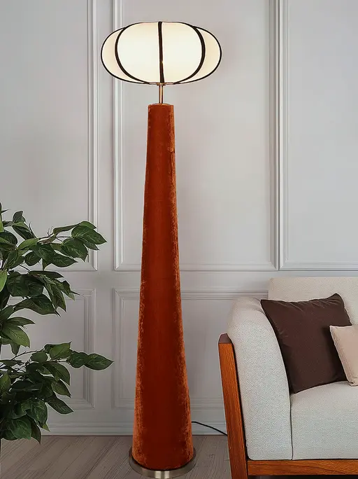 Modern Orange Velvet Conical Floor Lamp with Ivory Pumpkin Shade