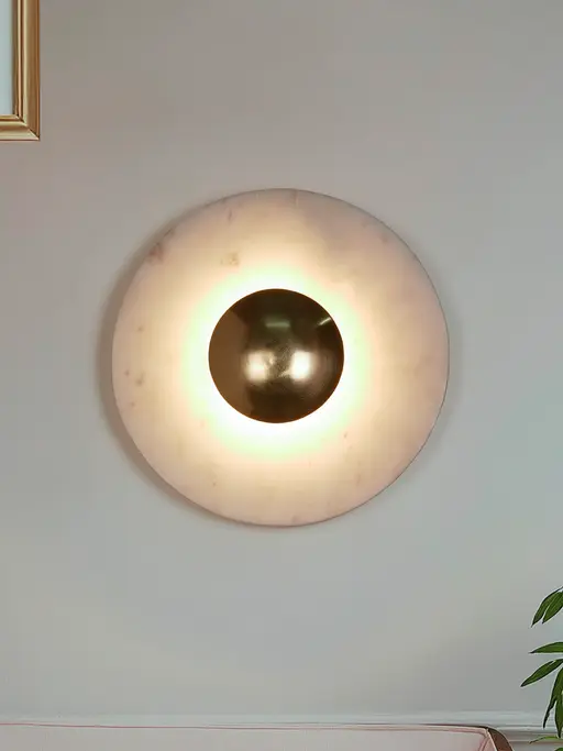 Orbig 11" Round White Marble Wall Sconce – Modern Backlit LED Fixture with Gold Accents