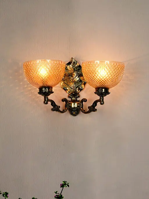 Traditional Betel Leaf Aluminium Dual Light Wall Sconce With Golden Textured Bowl Glass Shades