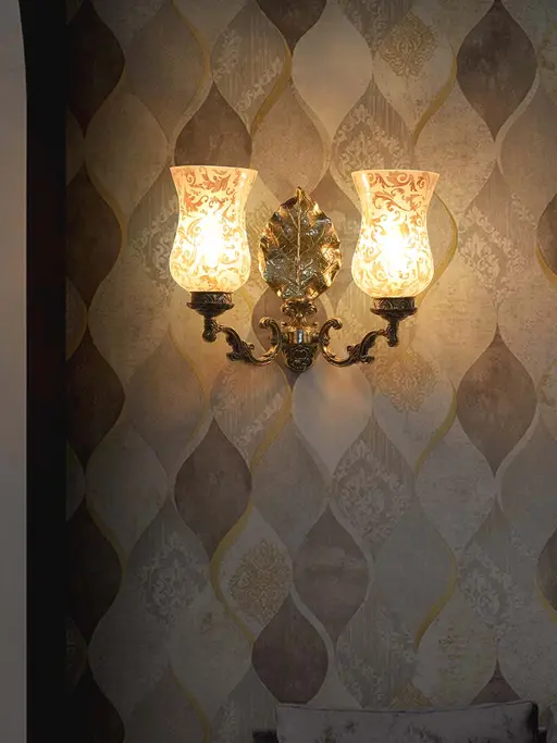 Classic Betel Leaf Aluminium 2 Light Wall Sconce with Golden Etched Glass