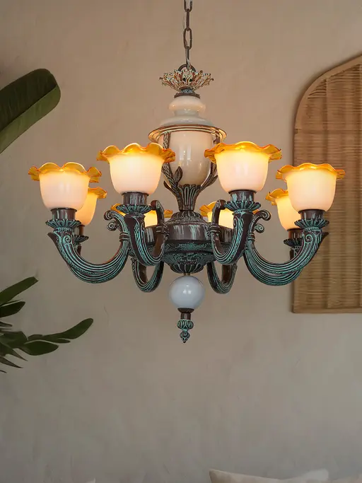 8-Light Bronze Patina Cast Aluminium Chandelier | 32" Wide Vintage Milky White Glass with Amber Frilled Edges