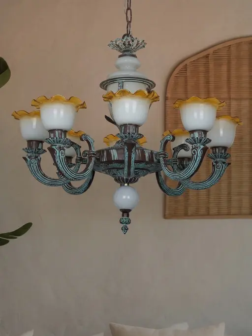 8-Light Bronze Patina Cast Aluminium Chandelier | 32" Wide Vintage Milky White Glass with Amber Frilled Edges