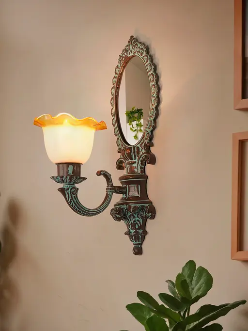 22-Inch Bronze Patina Wall Sconce with Mirror | Flower-Shaped Milky Glass & Amber Frilled Rim