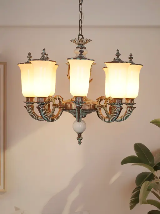 32-Inch Traditional 8-Light Cast Aluminum Chandelier | Bronze Patina Finish with Vintage Milky Glass & Dust-Proof Lids