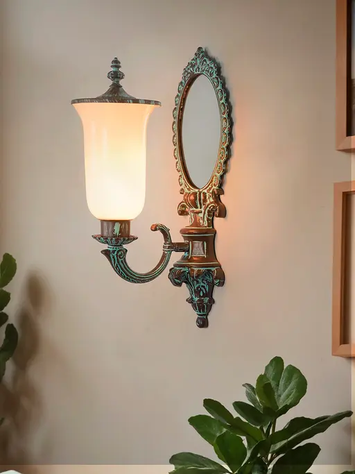 26-Inch Bronze Patina Wall Sconce with Mirror | Ornate Cast Aluminium Traditional Sconce with Milky Glass Shade