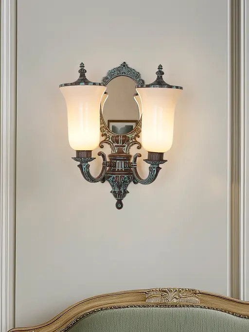Traditional Bronze Patina 2-Light Wall Sconce with Mirror Base | Vintage Milky White Glass with Dust Lids