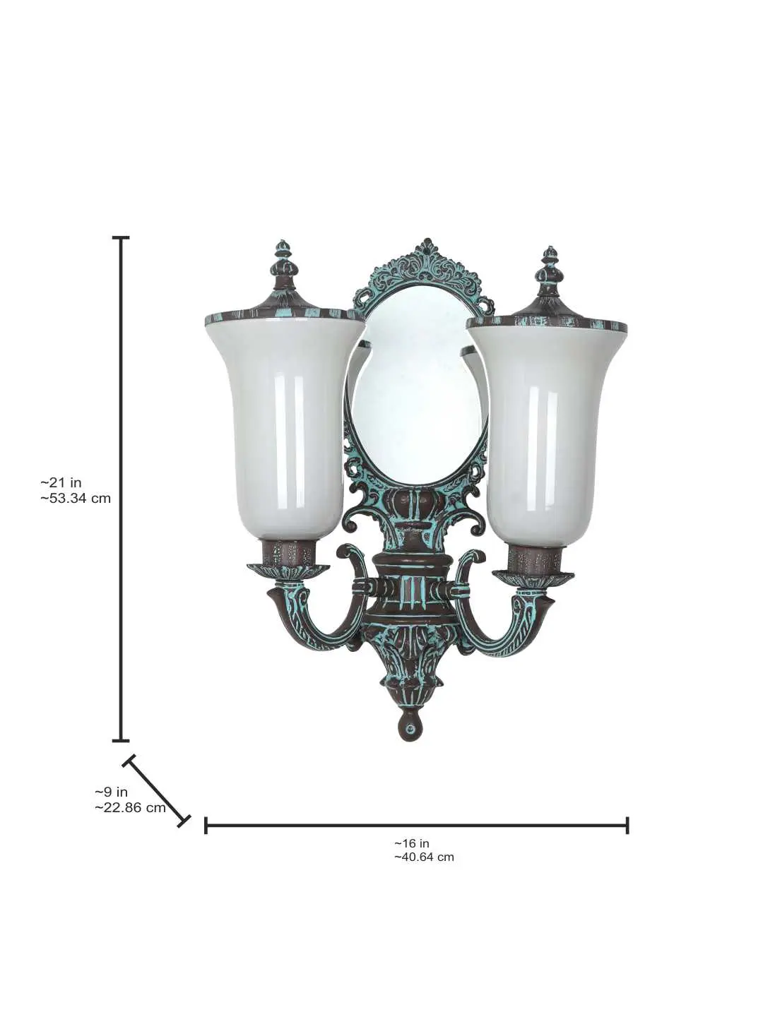 Traditional Bronze Patina 2-Light Wall Sconce with Mirror Base | Vintage Milky White Glass with Dust Lids — dimensions