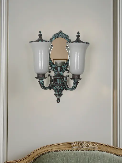 Traditional Bronze Patina 2-Light Wall Sconce with Mirror Base | Vintage Milky White Glass with Dust Lids