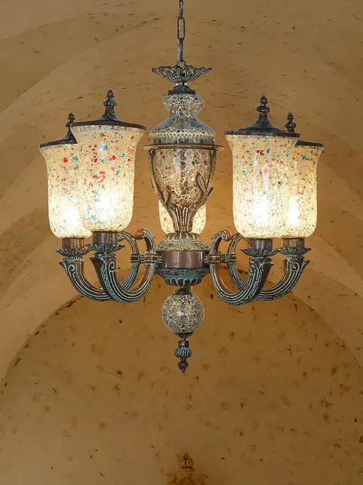 5-Light Cast Aluminium Chandelier in Bronze Patina with Lidded Crackle Mosaic Glass Shades