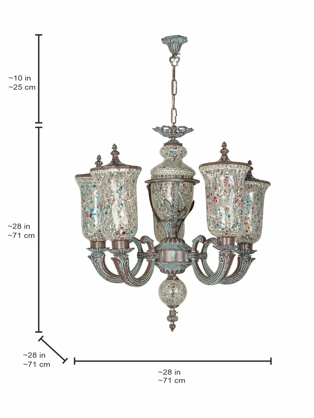 5-Light Cast Aluminium Chandelier in Bronze Patina with Lidded Crackle Mosaic Glass Shades — dimensions