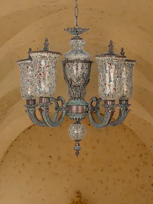 5-Light Cast Aluminium Chandelier in Bronze Patina with Lidded Crackle Mosaic Glass Shades