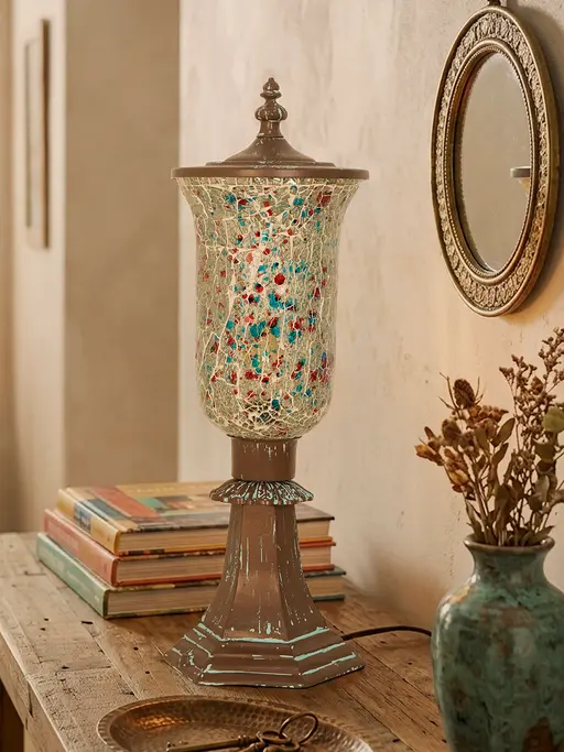 Traditional Bronze Patina Cast Aluminium Table Lamp with Sea Green Crackled Mosaic Glass Shade and Dust-Prevention Lid - 22 Inch