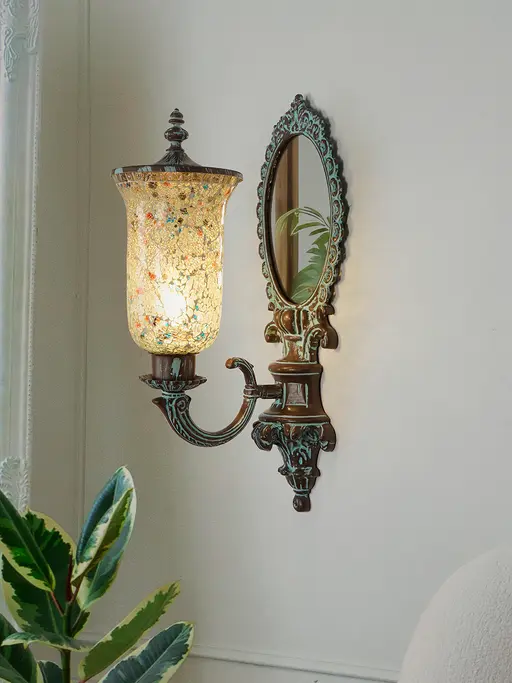 22-Inch Bronze Patina Wall Sconce with Mirror | Sea-Green Crackled Mosaic Glass Traditional Light