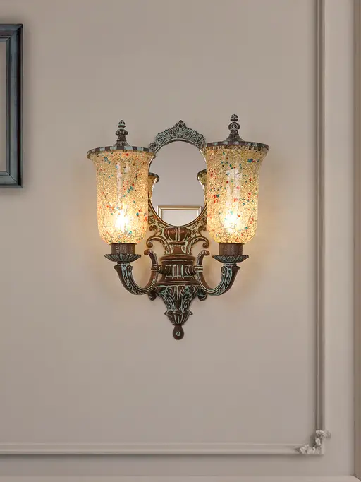 Traditional 2-Light Bronze Patina Wall Sconce with Mirror Base | Sea-Green Crackled Mosaic Glass & Dust-Proof Lids
