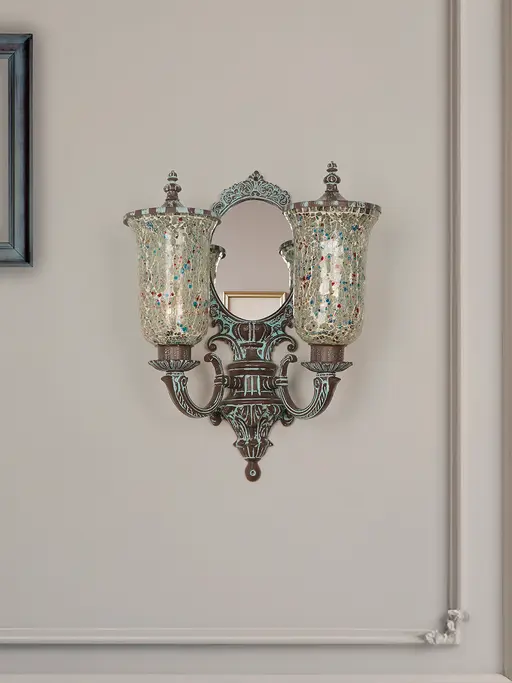 Traditional 2-Light Bronze Patina Wall Sconce with Mirror Base | Sea-Green Crackled Mosaic Glass & Dust-Proof Lids