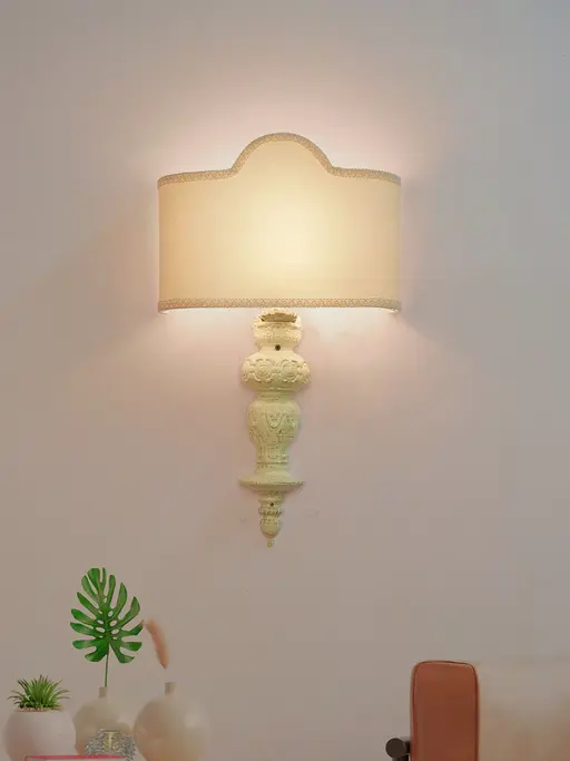Mid-Century Ornate Pillar Aluminium Wall Sconce With White Fabric Shade