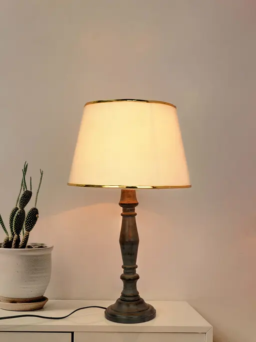 Contemporary English Distressed Grey Wooden Table Lamp with Off White Tapered Fabric Shade
