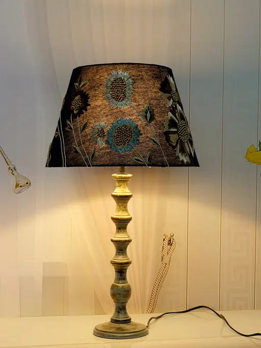 Distressed Grey Parisian Wooden Table Lamp With Blue Embroidered Fabric Shades