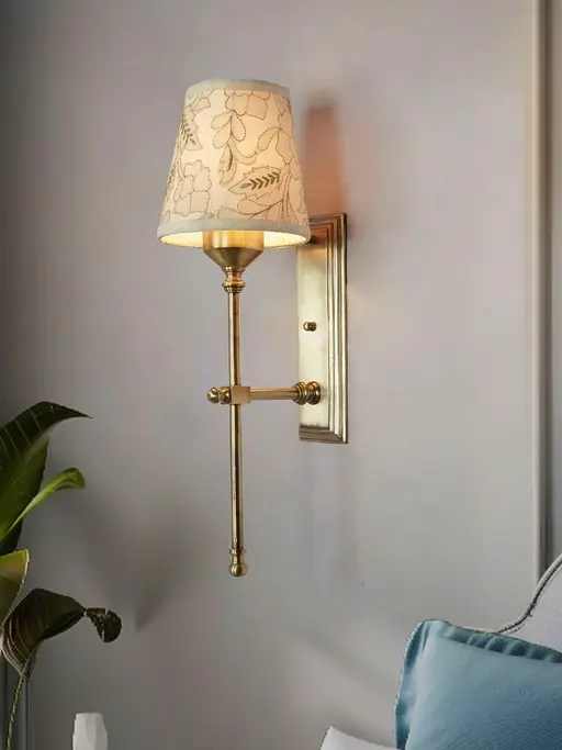 Transitional Antique Brass Long Wall Sconce with Pastel Green Embroidered Shade