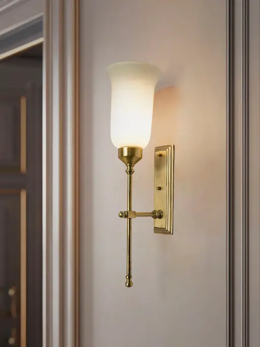 Transitional Antique Brass Long Wall Sconce with Milky Glass Shade