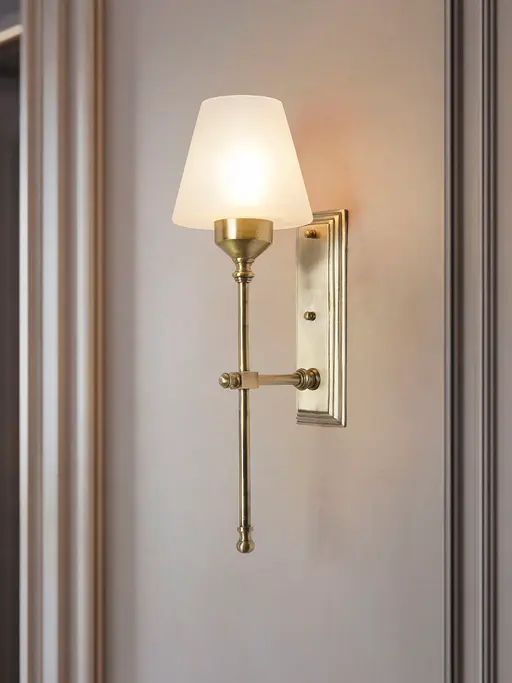 Transitional Antique Brass Long Wall Sconce with Frosted Tapered Glass Shade