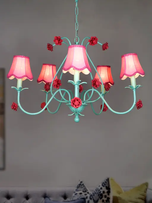 Green Transitional Beach House Large 36 Inch Wide 5-Light Steel Ceiling Chandelier Hanging With Pink Scallop Bell Fabric Shades