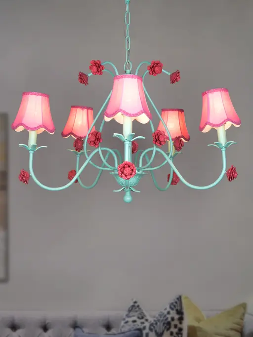 Green Transitional Beach House Large 36 Inch Wide 5-Light Steel Ceiling Chandelier Hanging With Pink Scallop Bell Fabric Shades