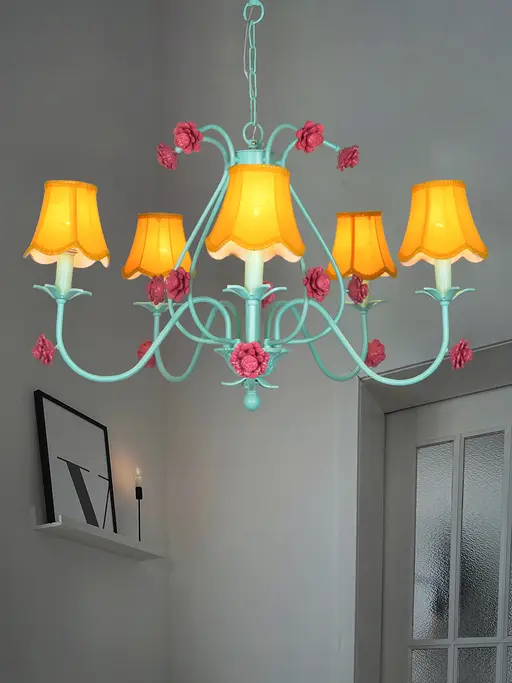 Green Transitional Beach House Large 36 Inch Wide 5-Light Steel Ceiling Chandelier Hanging With Yellow Scallop Bell Fabric Shades